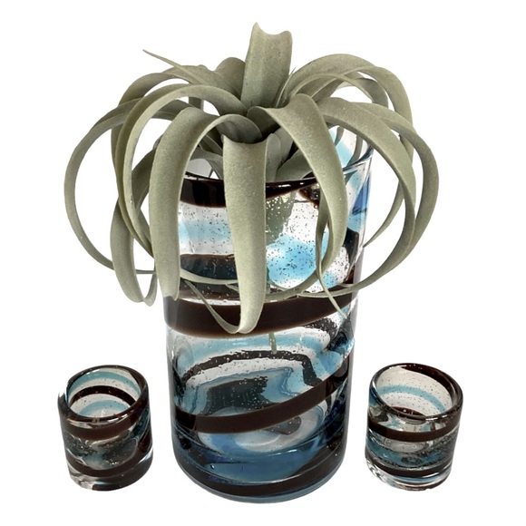 Hand Blown Glass Candle Holders Turquoise And Brown Glass Swirl Pattern Mexico - Picture 4 of 16